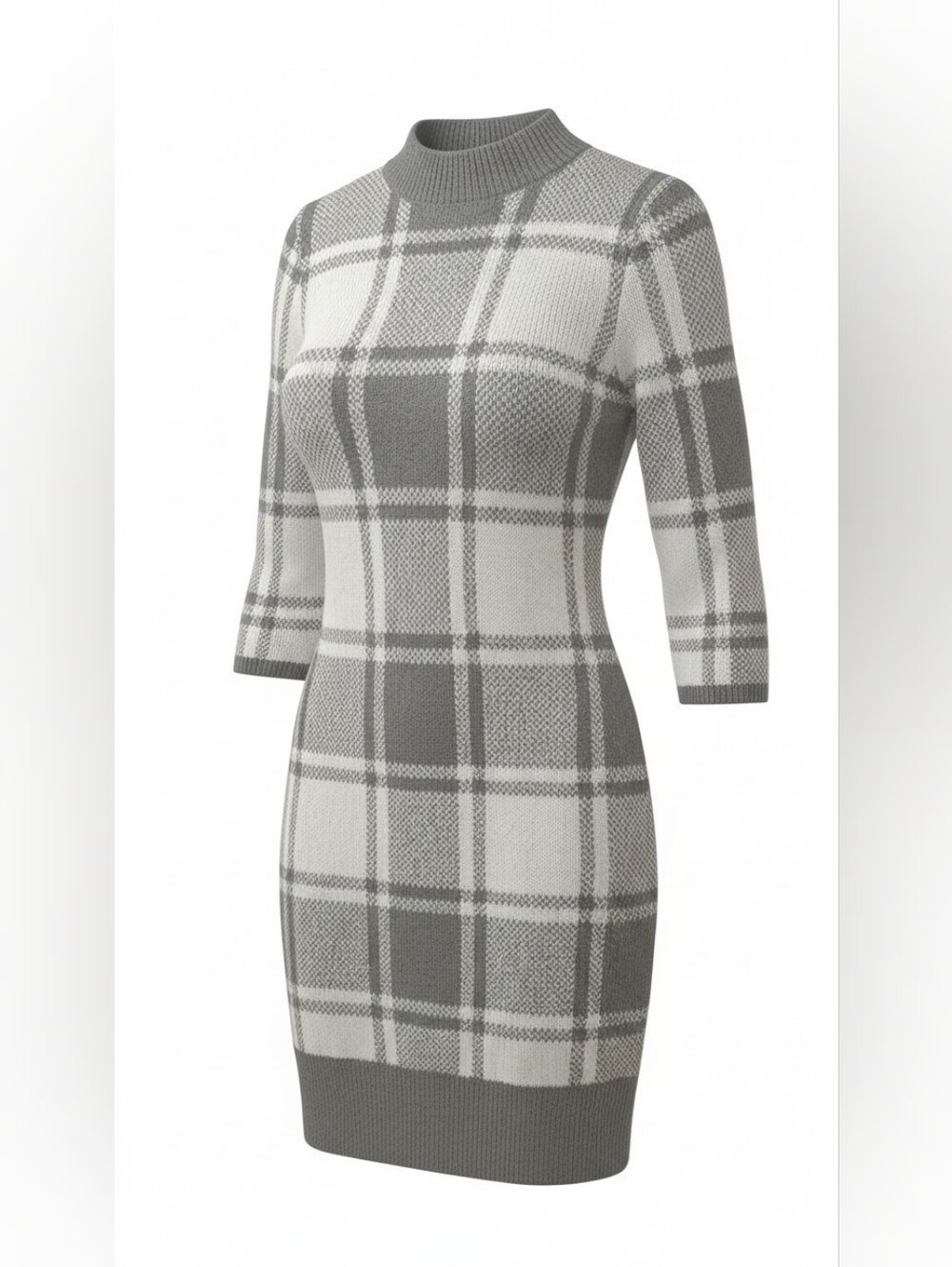 Gray Plaid Knit Long-Sleeve Dress